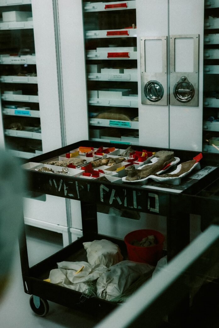 Shoes and materials are set on a work cart.